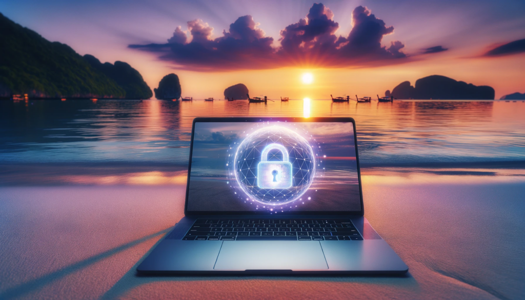 An illustration of a laptop on a beach. On it's screen there is a lock in a sphere.