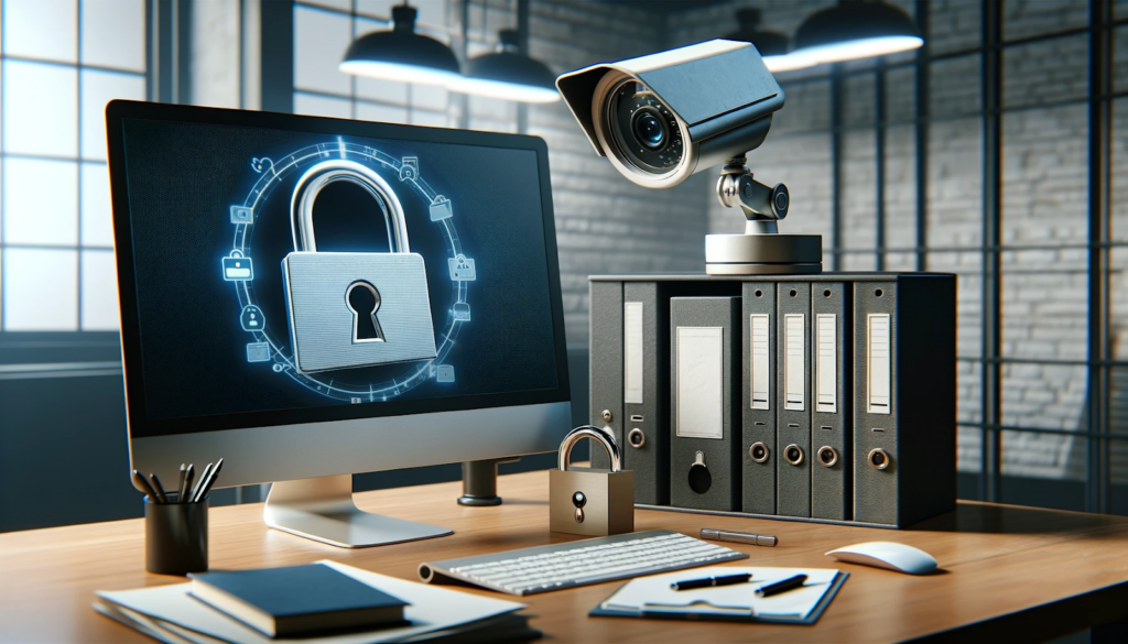 An illustration of a camera watching over a computer screen, cybersecurity for managed services