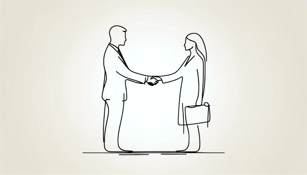 two people shaking hands in a line-style minimalist illustration over a successful deal on recruitment process outsourcing and selection process outsourcing for MSP 