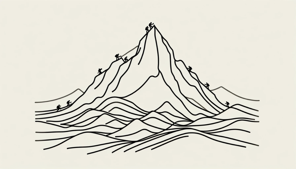 recruitment process outsourcing and selection process outsourcing benefits for MSP represented in a line-style illustration of a mountain as a challenging but rewarding undertaking