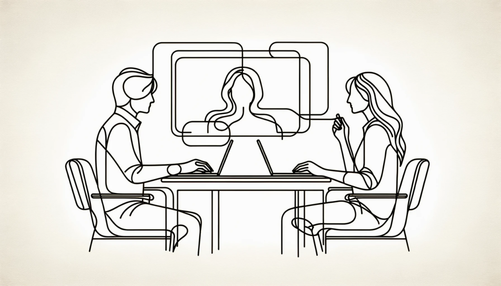 a line-style illustration of two people having an online meeting about recruitment process outsourcing and selection process outsourcing benefits for MSP 